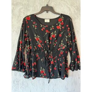 Ember‎ Black Red Floral Long Sleeve Lace Up Empire Waist Blouse Top XL